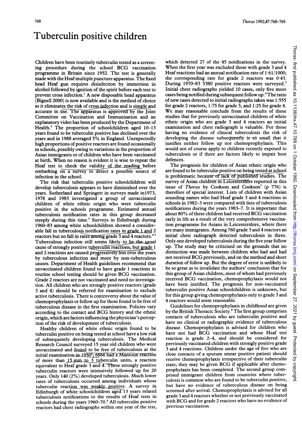 Tuberculin Positive Children Thorax: First Published As 10.1136/Thx.47.10.768 on 1 October 1992