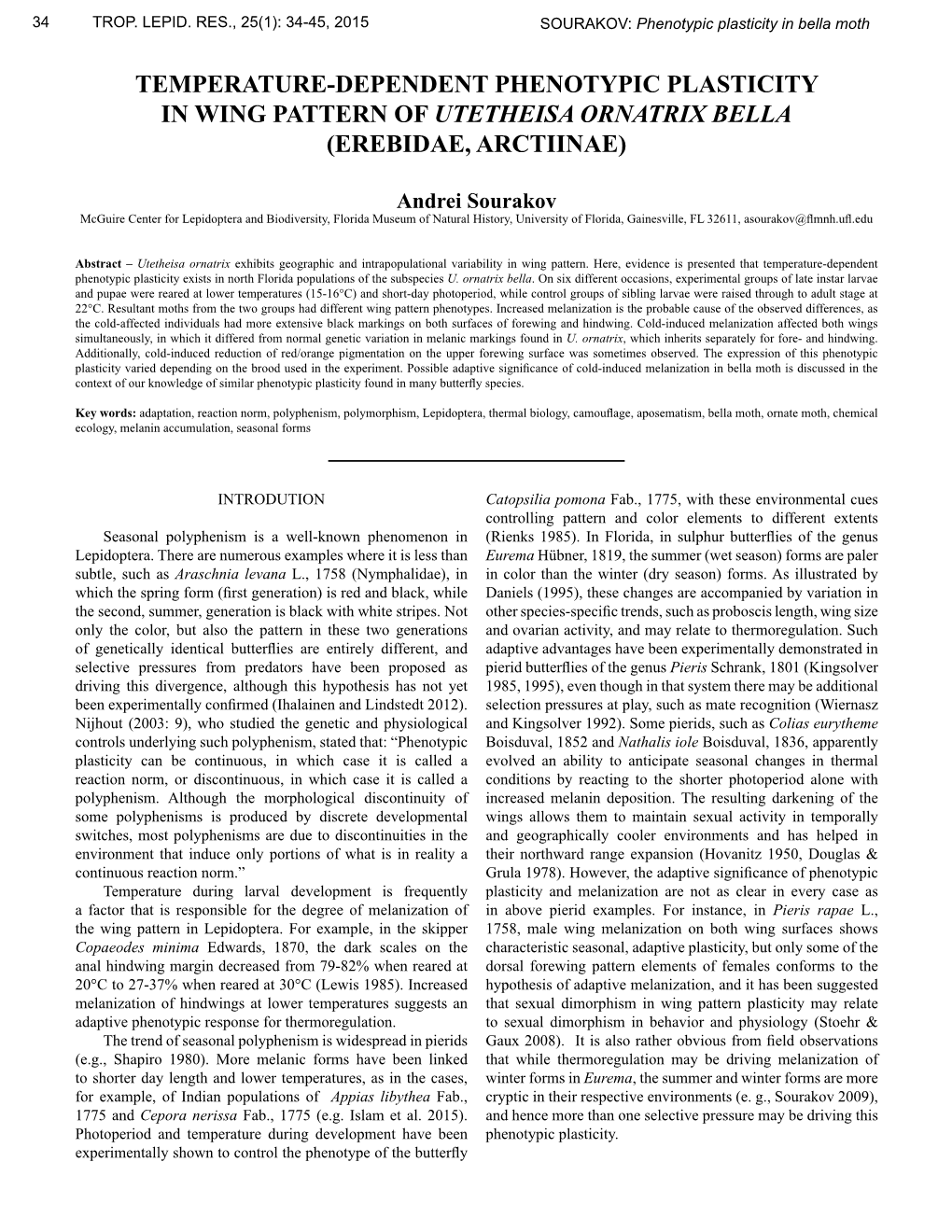 Temperature-Dependent Phenotypic Plasticity in Wing Pattern of Utetheisa Ornatrix Bella (Erebidae, Arctiinae)