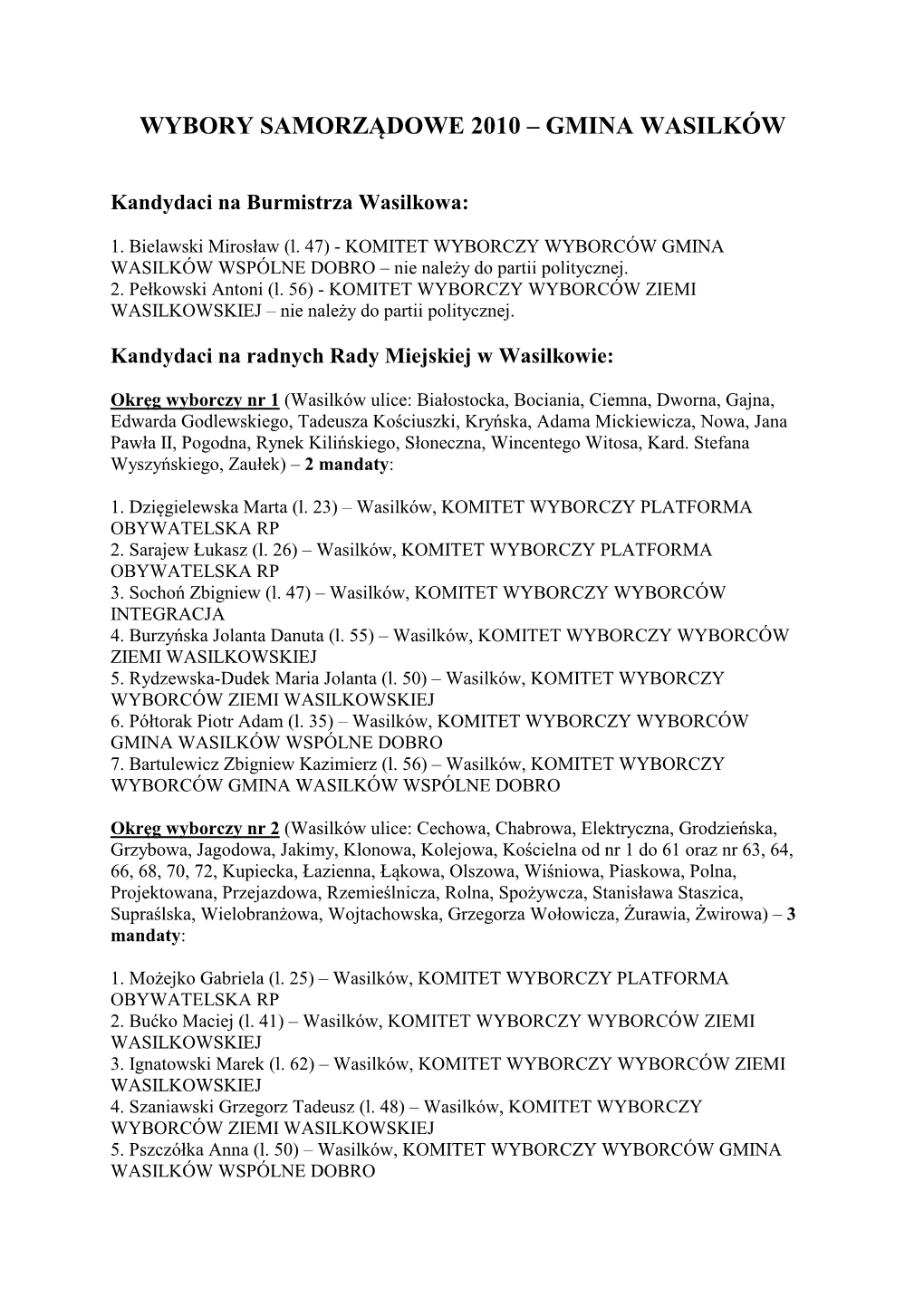 Wybory Samorządowe 2010 – Gmina Wasilków