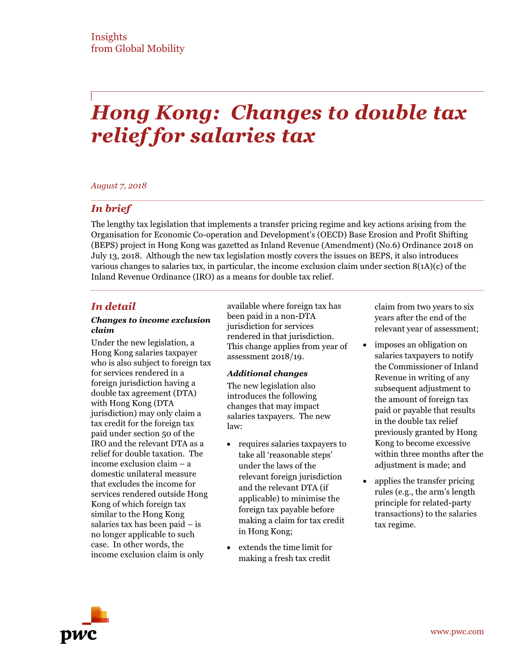 Hong Kong: Changes to Double Tax Relief for Salaries