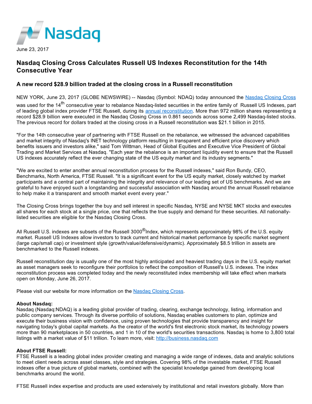 Nasdaq Closing Cross Calculates Russell US Indexes Reconstitution for the 14Th Consecutive Year