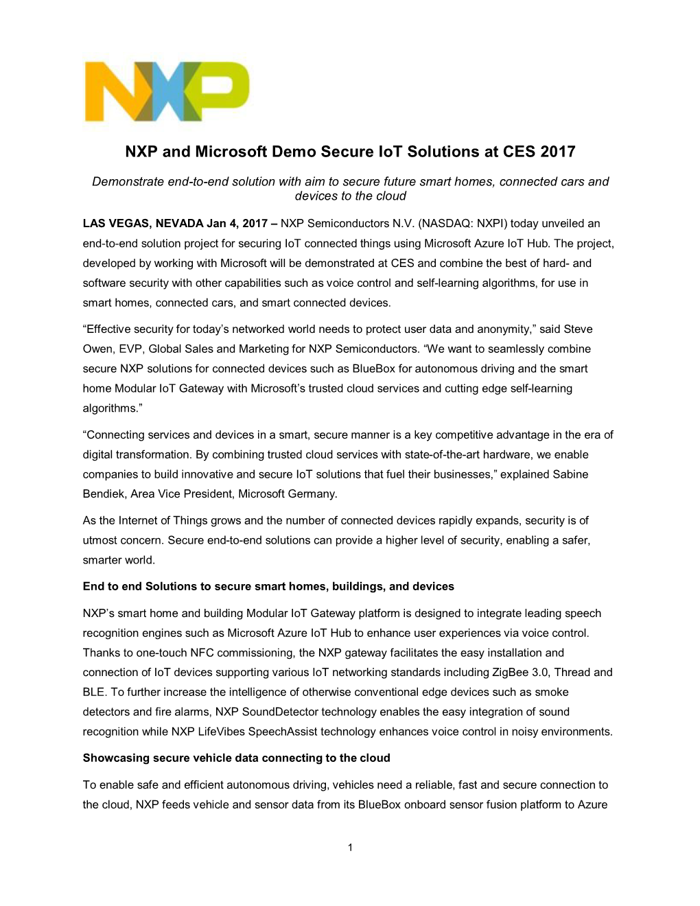 NXP and Microsoft Demo Secure Iot Solutions at CES 2017