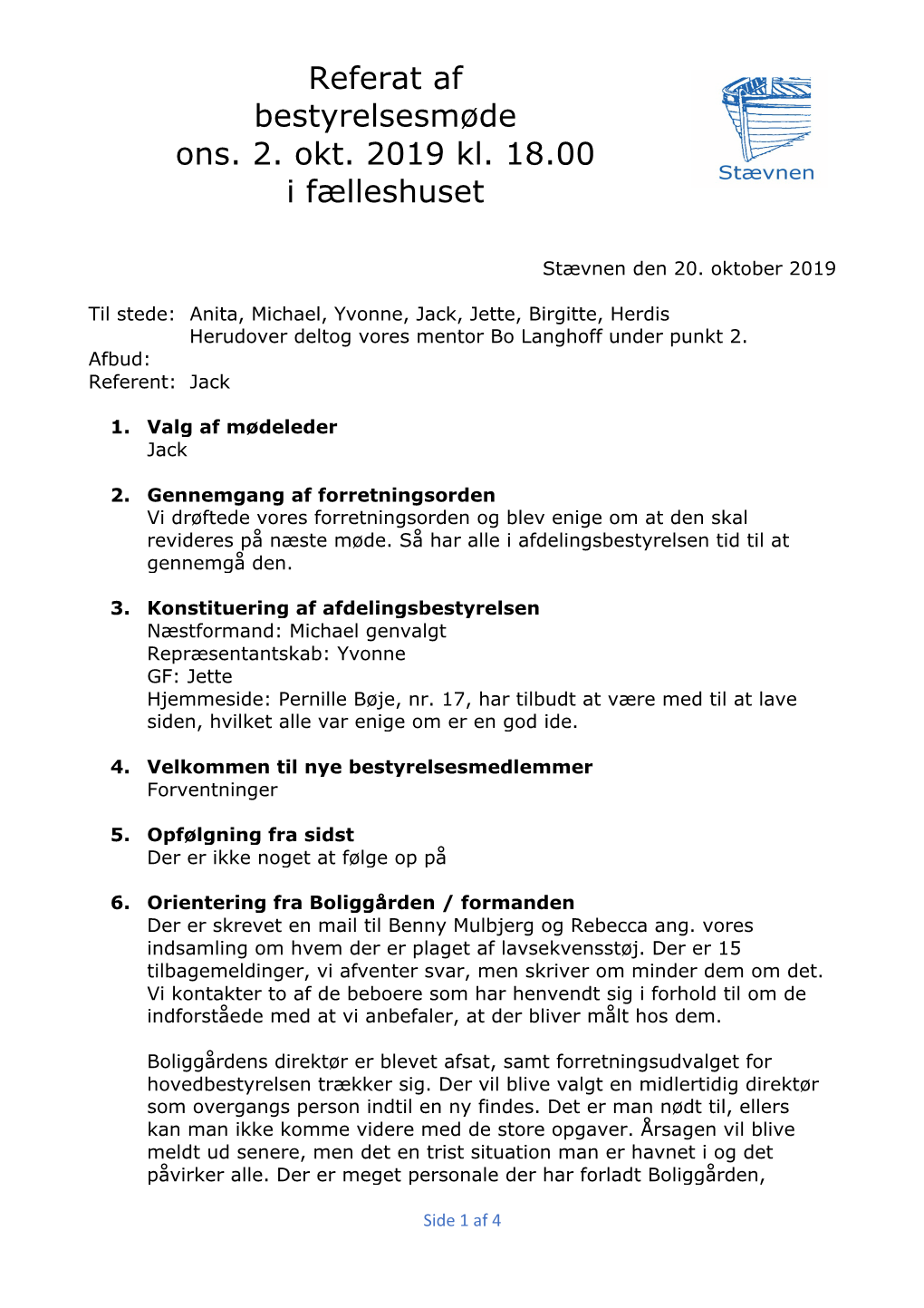 Referat Af Bestyrelsesmøde Ons. 2. Okt. 2019 Kl. 18.00 I Fælleshuset