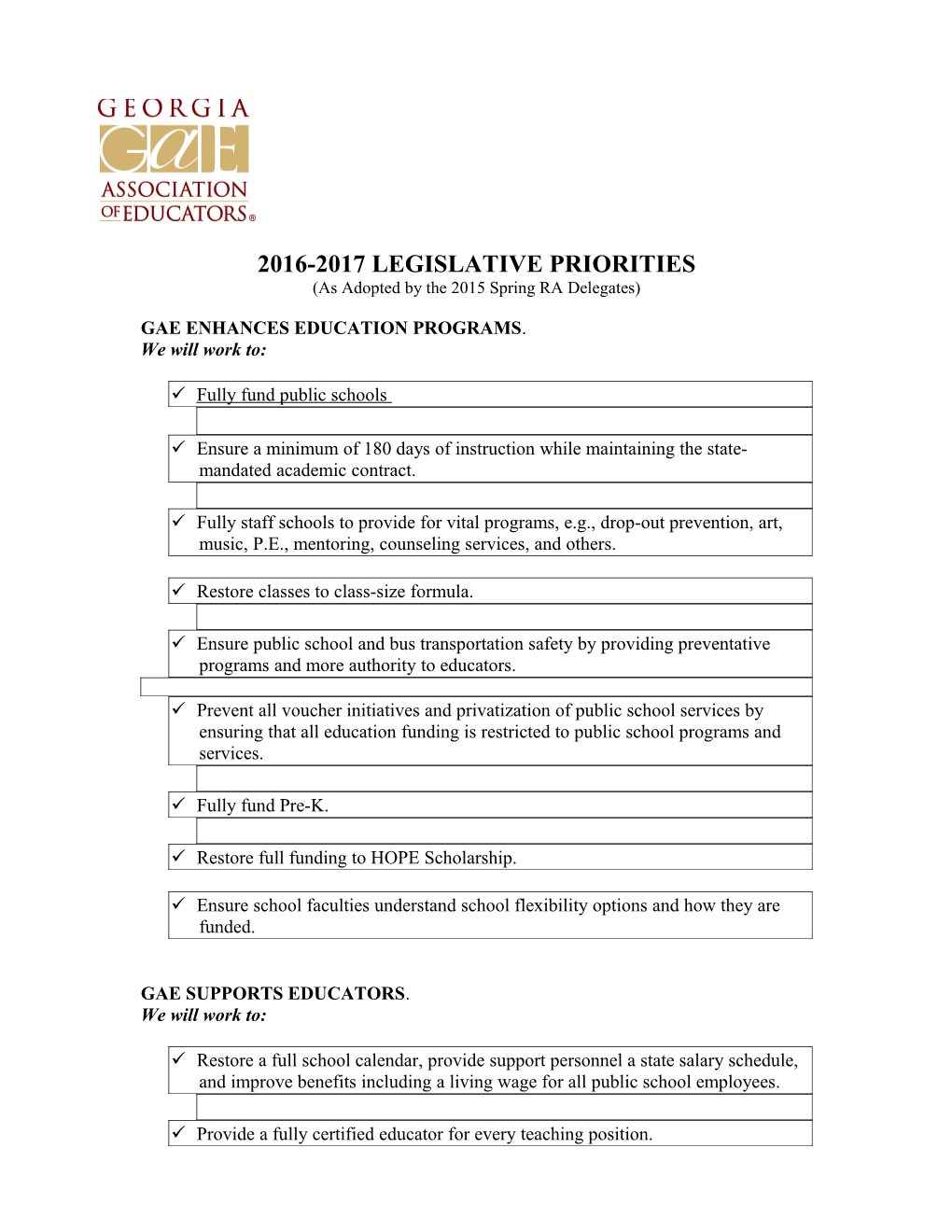 2016-2017 Legislative Priorities