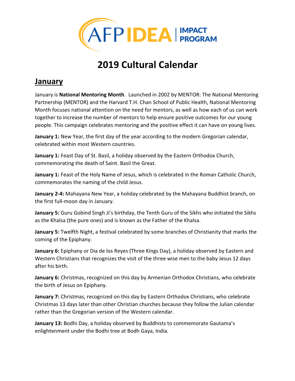 2019 Cultural Calendar January