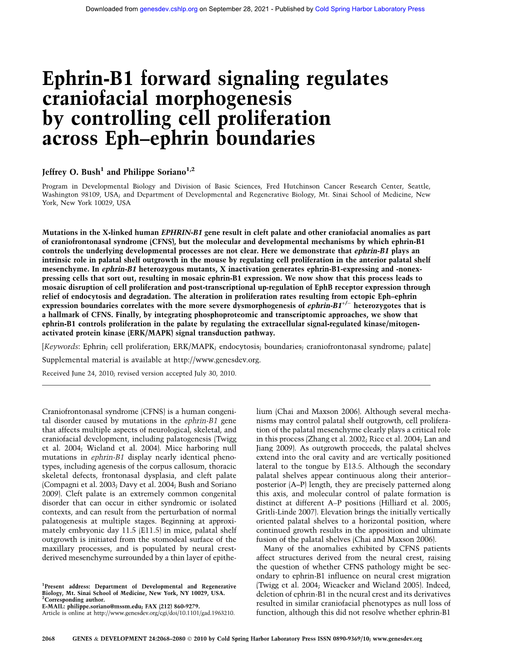 Ephrin-B1 Forward Signaling Regulates Craniofacial Morphogenesis by Controlling Cell Proliferation Across Eph–Ephrin Boundaries