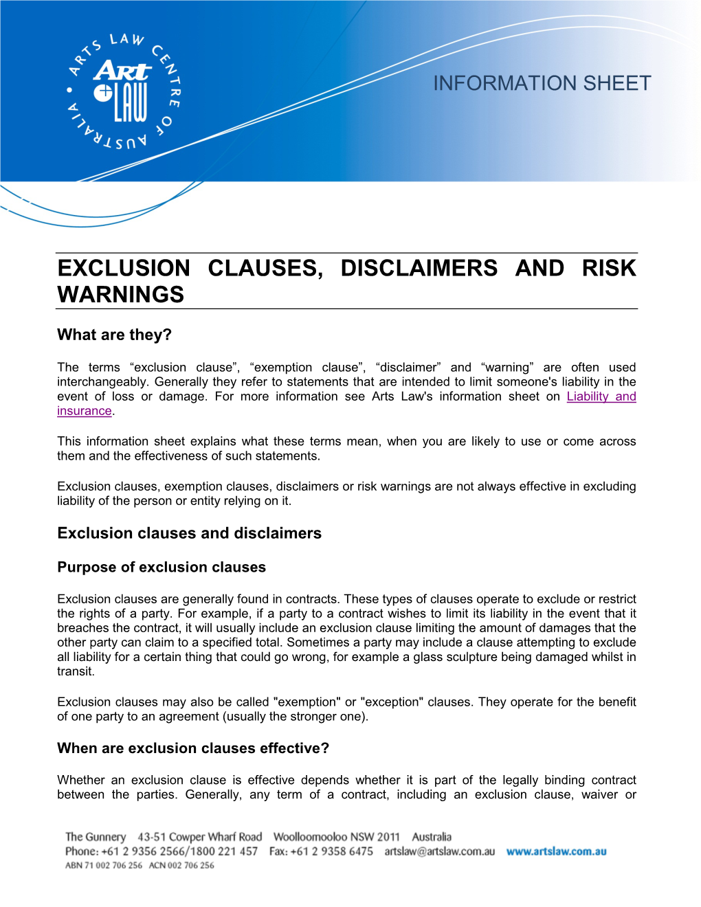 Exclusion Clauses, Disclaimers and Risk Warnings