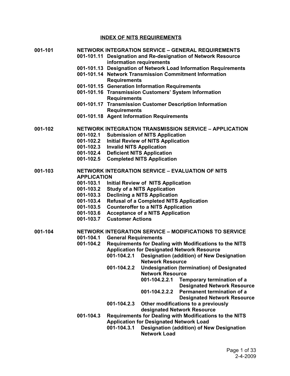 001-101Network Integration Service General Requirements