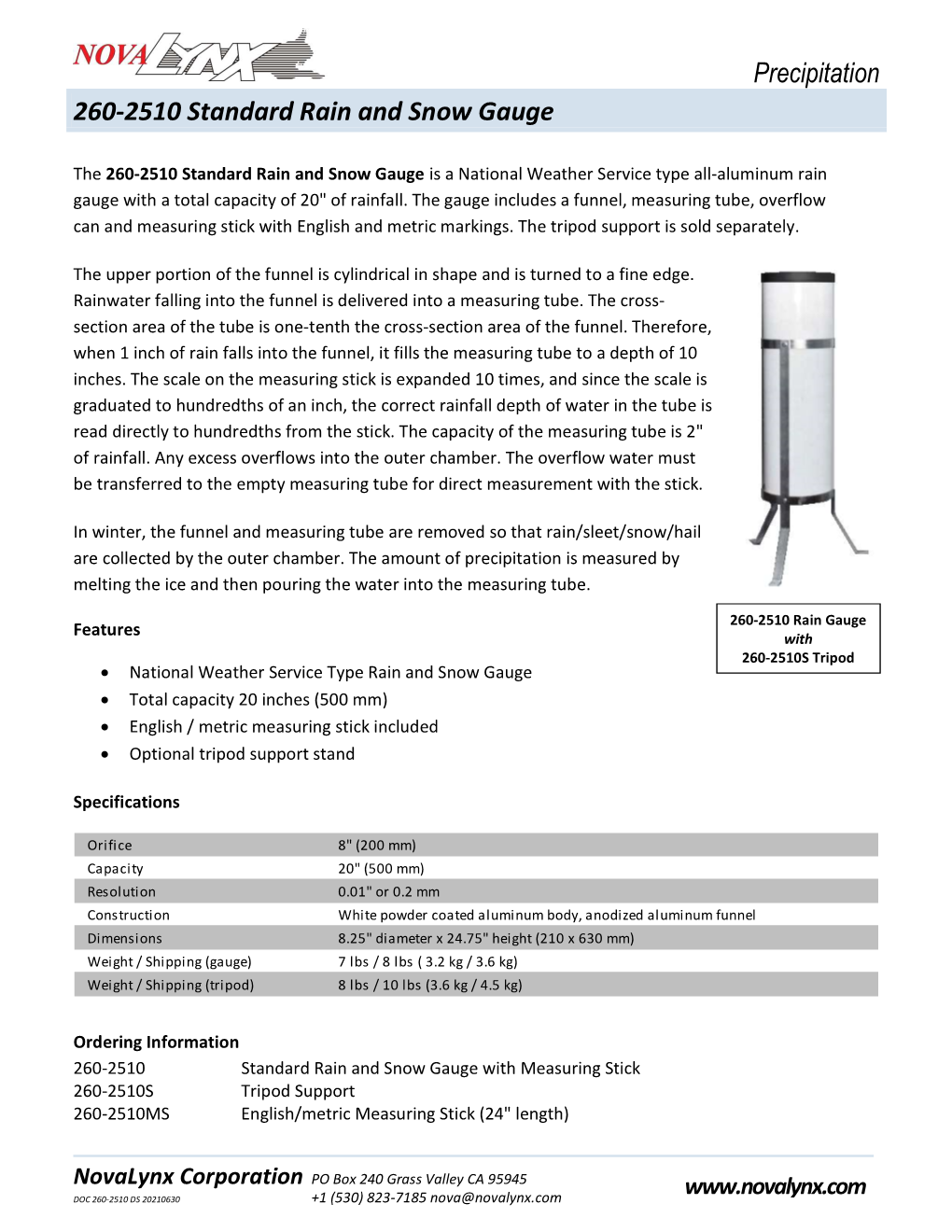 260-2510 Standard Rain and Snow Gauge