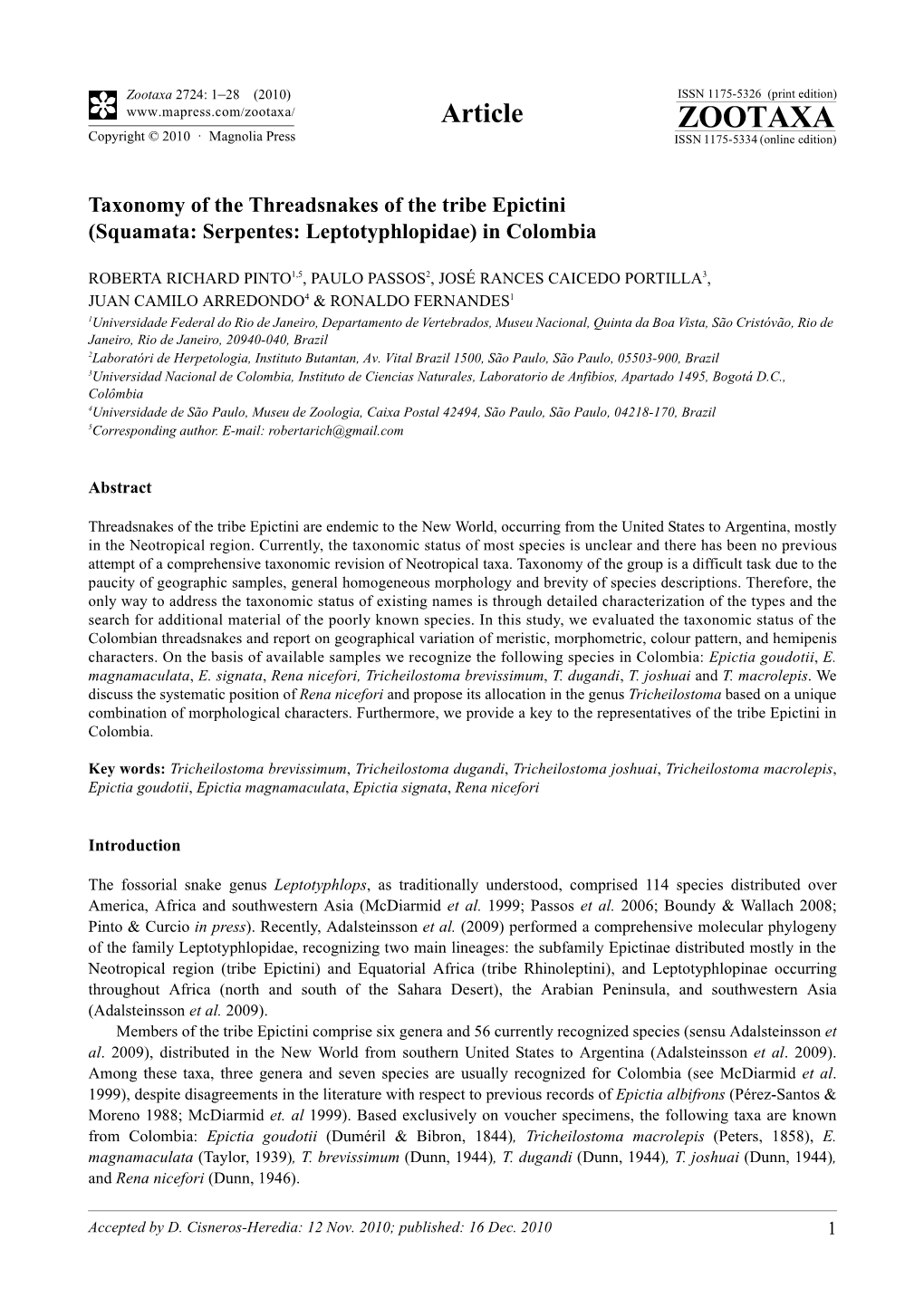 Taxonomy of the Threadsnakes of the Tribe Epictini (Squamata: Serpentes: Leptotyphlopidae) in Colombia