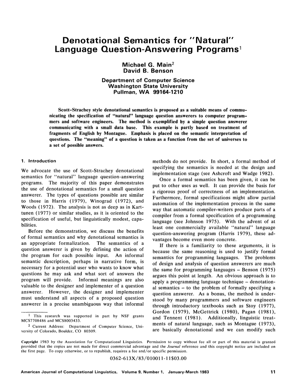 Denotational Semantics for 'Natural' Language Question-Answering