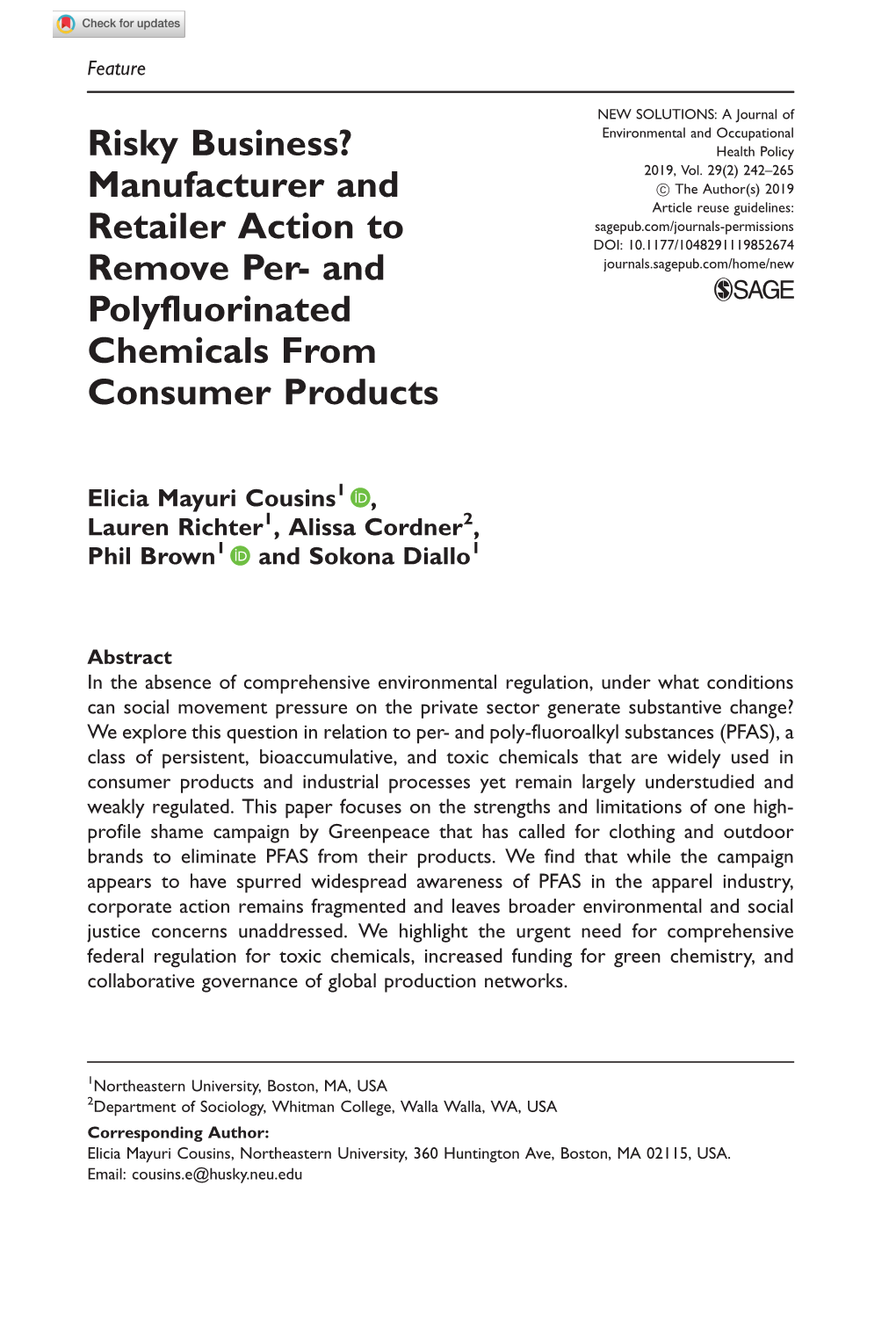 Risky Business? Manufacturer and Retailer Action to Remove Per- and Polyfluorinated Chemicals from Consumer Products