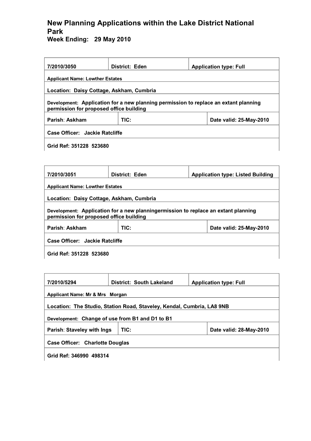 New Planning Applications Within the Lake District National Park Week Ending: 29 May 2010