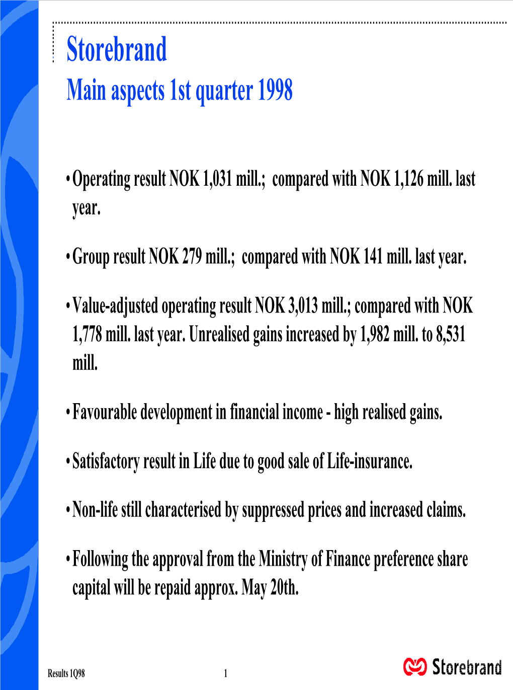 Storebrand Main Aspects 1St Quarter 1998