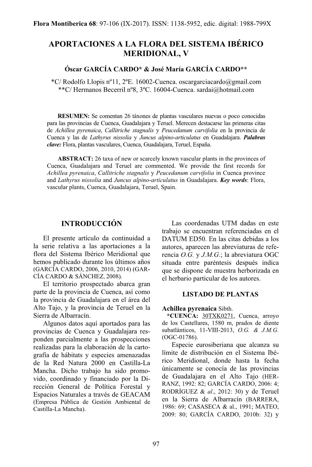 Aportaciones a La Flora Del Sistema Ibérico Meridional, V