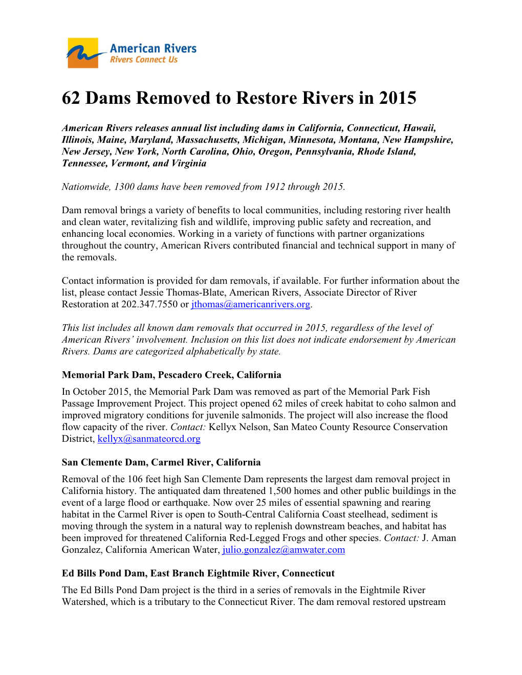 62 Dams Removed to Restore Rivers in 2015