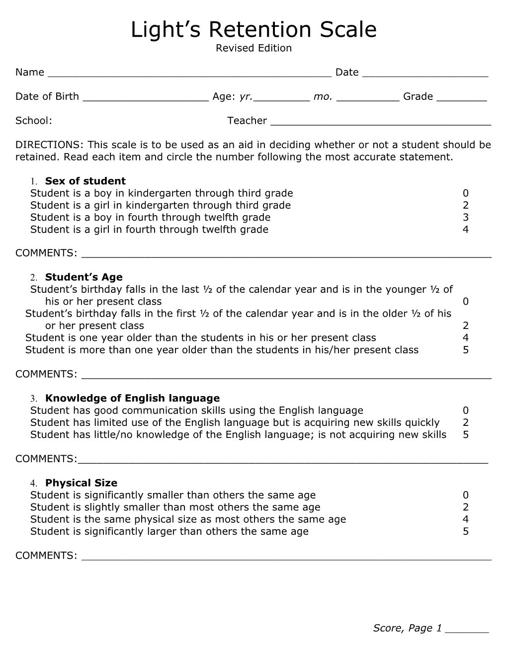 Light S Retention Scale