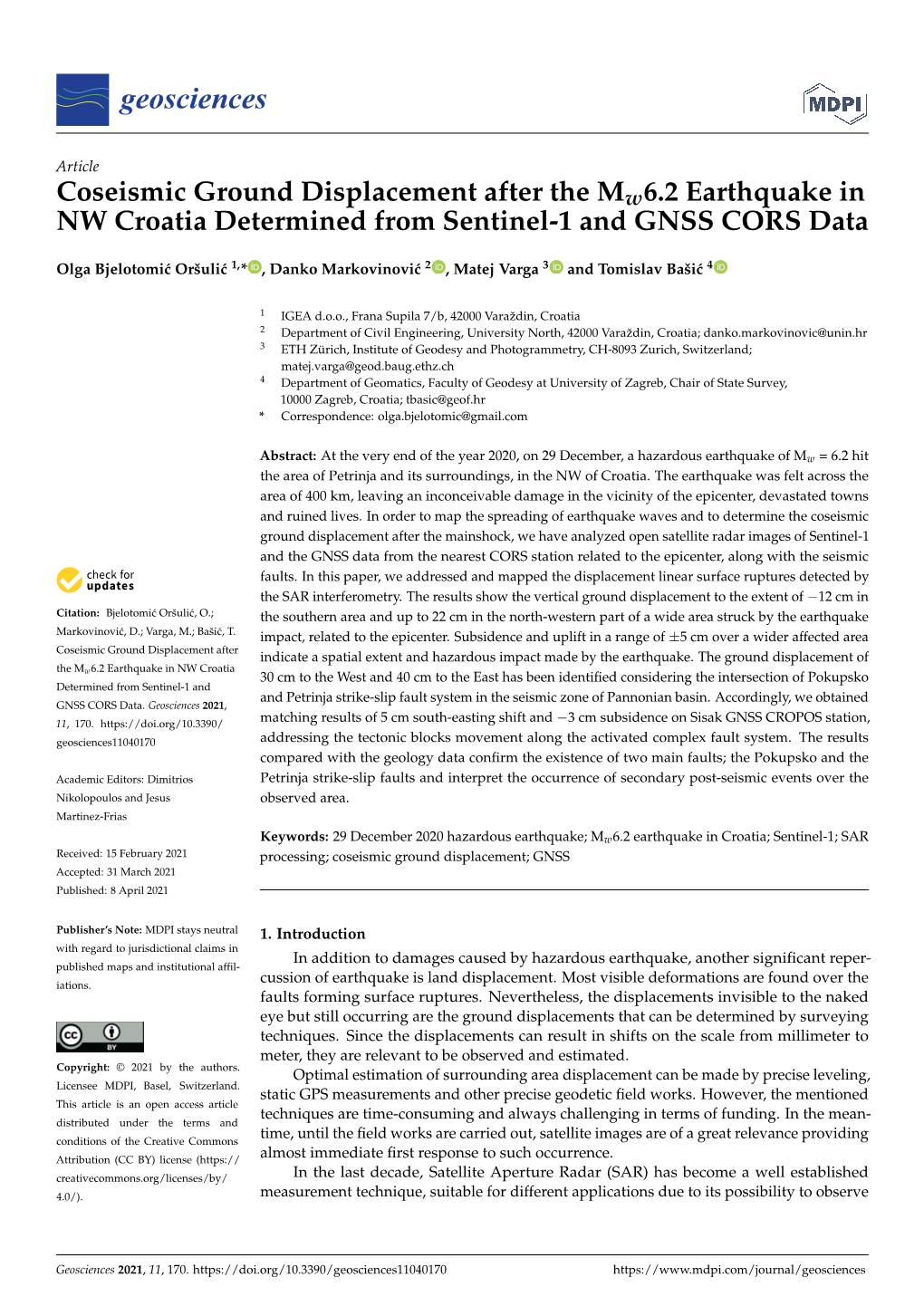 Coseismic Ground Displacement After the Mw6.2 Earthquake in NW Croatia Determined from Sentinel-1 and GNSS CORS Data