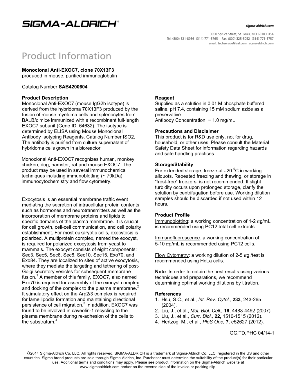 Monoclonal Anti-EXOC7, Clone 70X13F3 Produced in Mouse, Purified Immunoglobulin