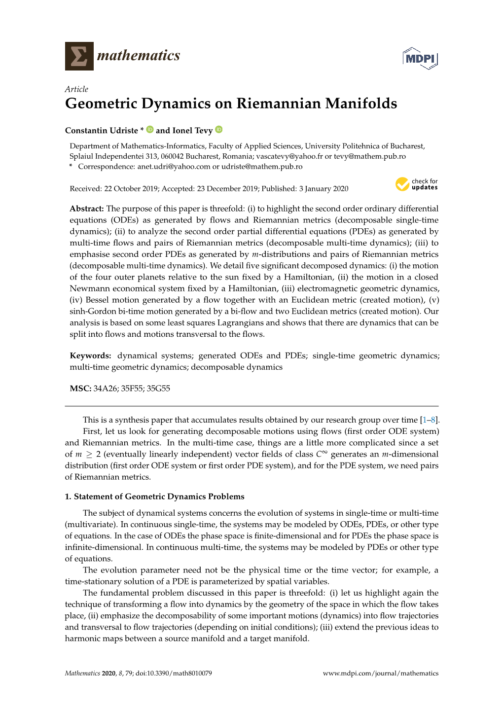 Geometric Dynamics on Riemannian Manifolds