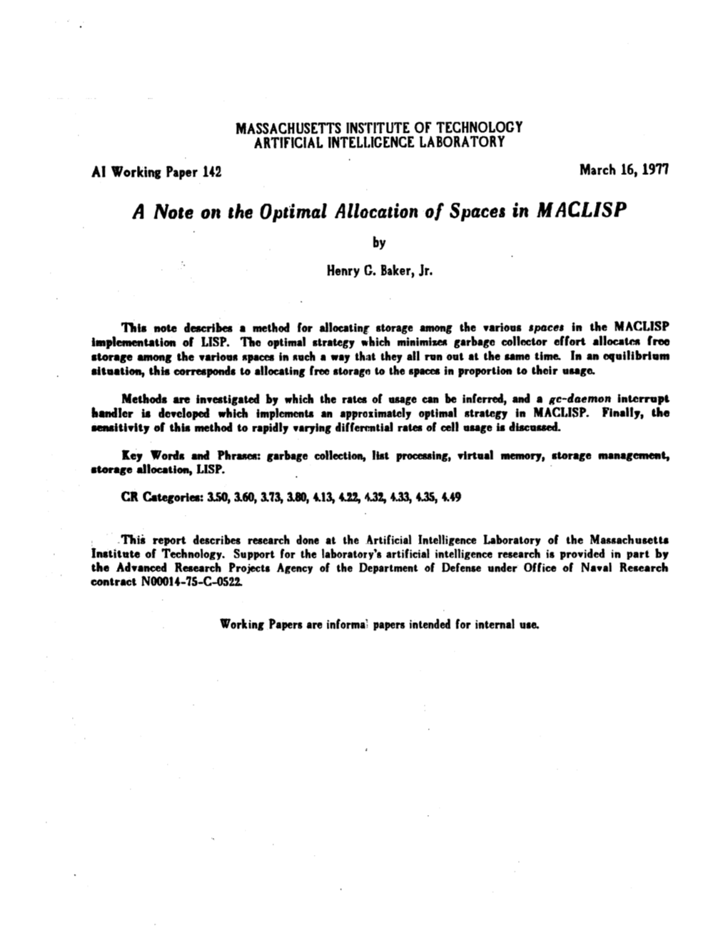 A Note on the Optimal Allocation of Spaces in MACLISP by Henry C