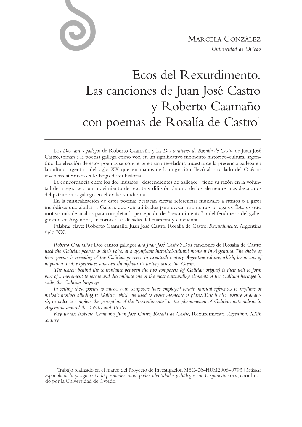 Ecos Del Rexurdimento. Las Canciones De Juan José Castro Y Roberto Caamaño Con Poemas De Rosalía De Castro 1