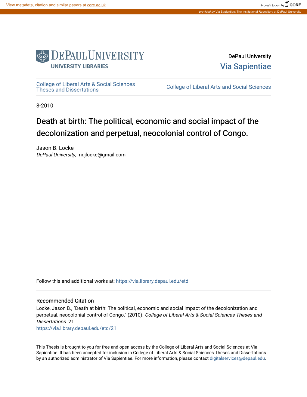 Death at Birth: the Political, Economic and Social Impact of the Decolonization and Perpetual, Neocolonial Control of Congo