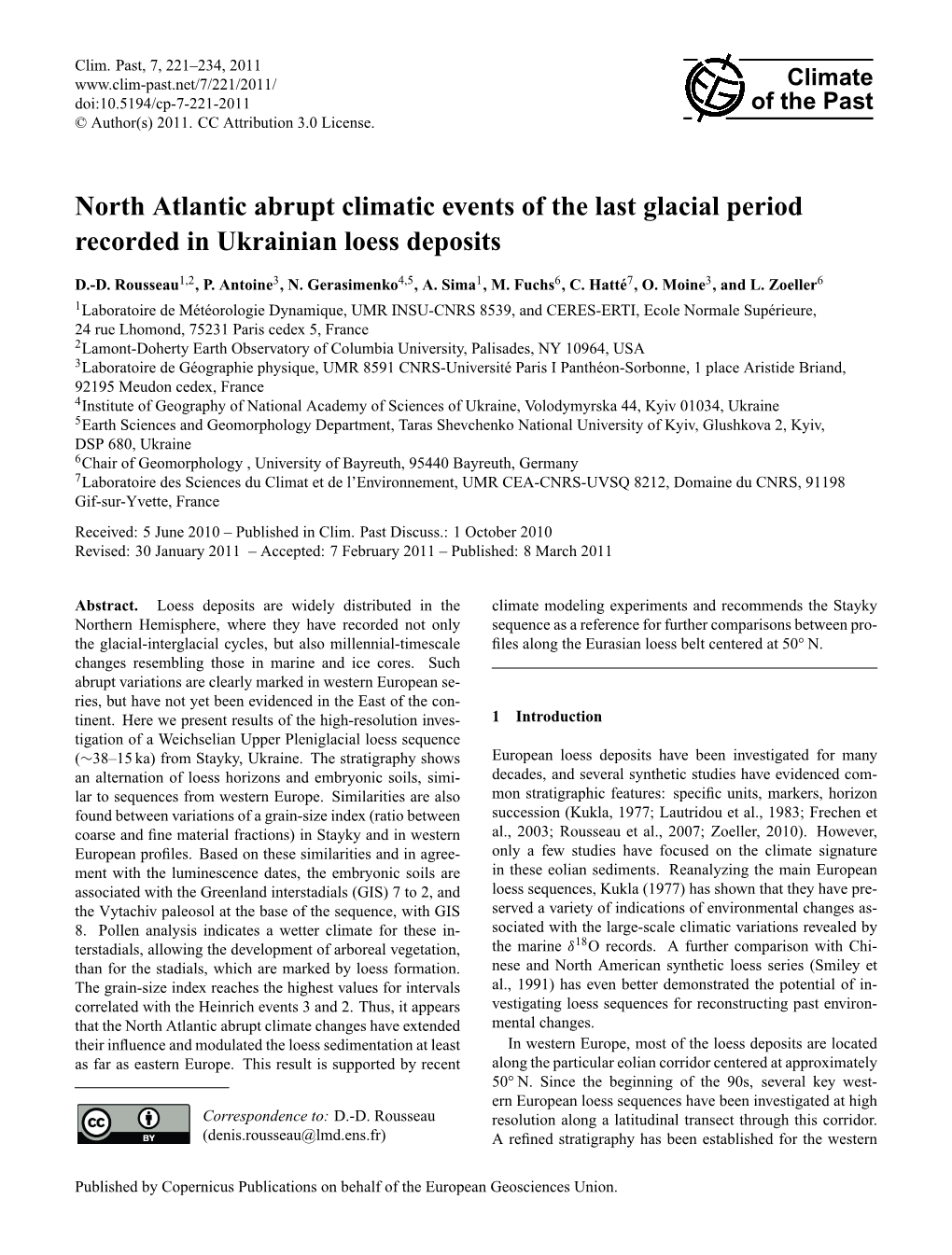 North Atlantic Abrupt Climatic Events of the Last Glacial Period Recorded in Ukrainian Loess Deposits