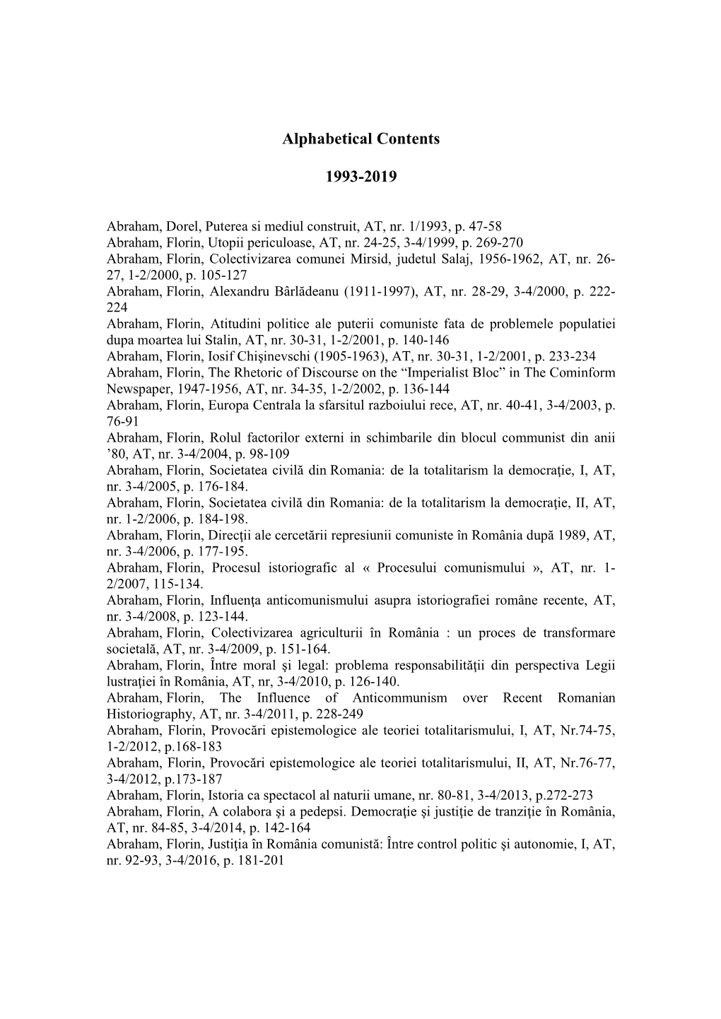 Alphabetical Contents 1993-2019