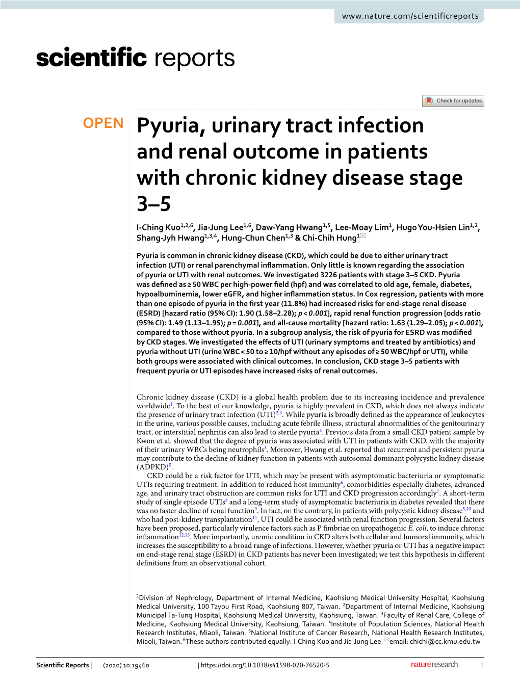 Pyuria, Urinary Tract Infection and Renal Outcome in Patients with Chronic