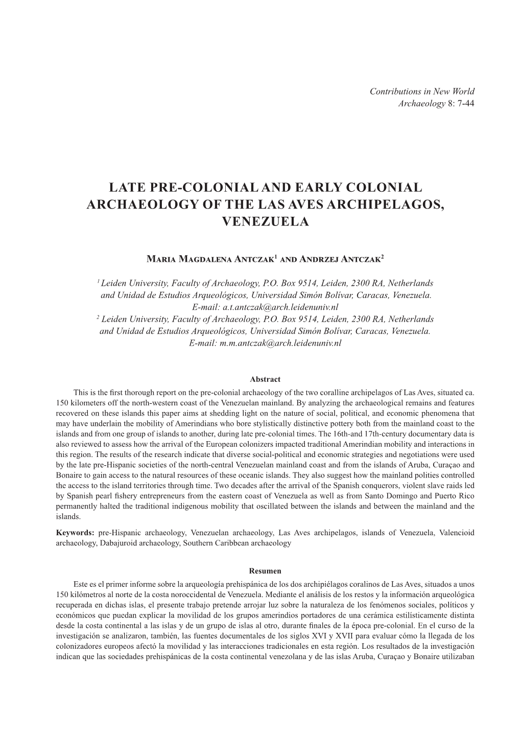 Late Pre-Colonial and Early Colonial Archaeology of the Las Aves Archipelagos, Venezuela