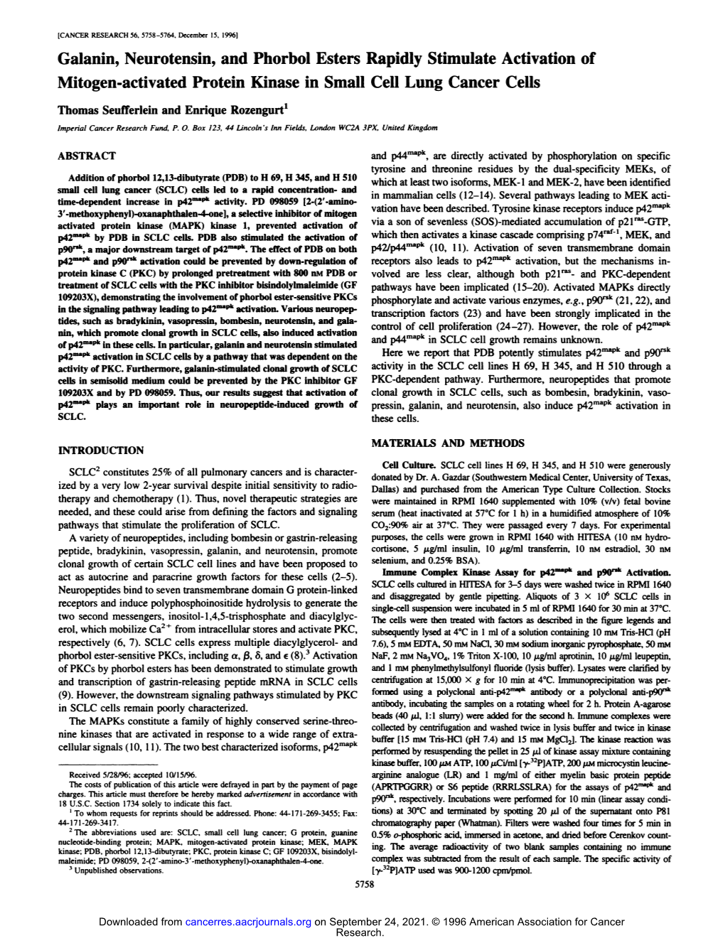 Galanin, Neurotensin, and Phorbol Esters Rapidly Stimulate Activation of Mitogen-Activated Protein Kinase in Small Cell Lung Cancer Cells