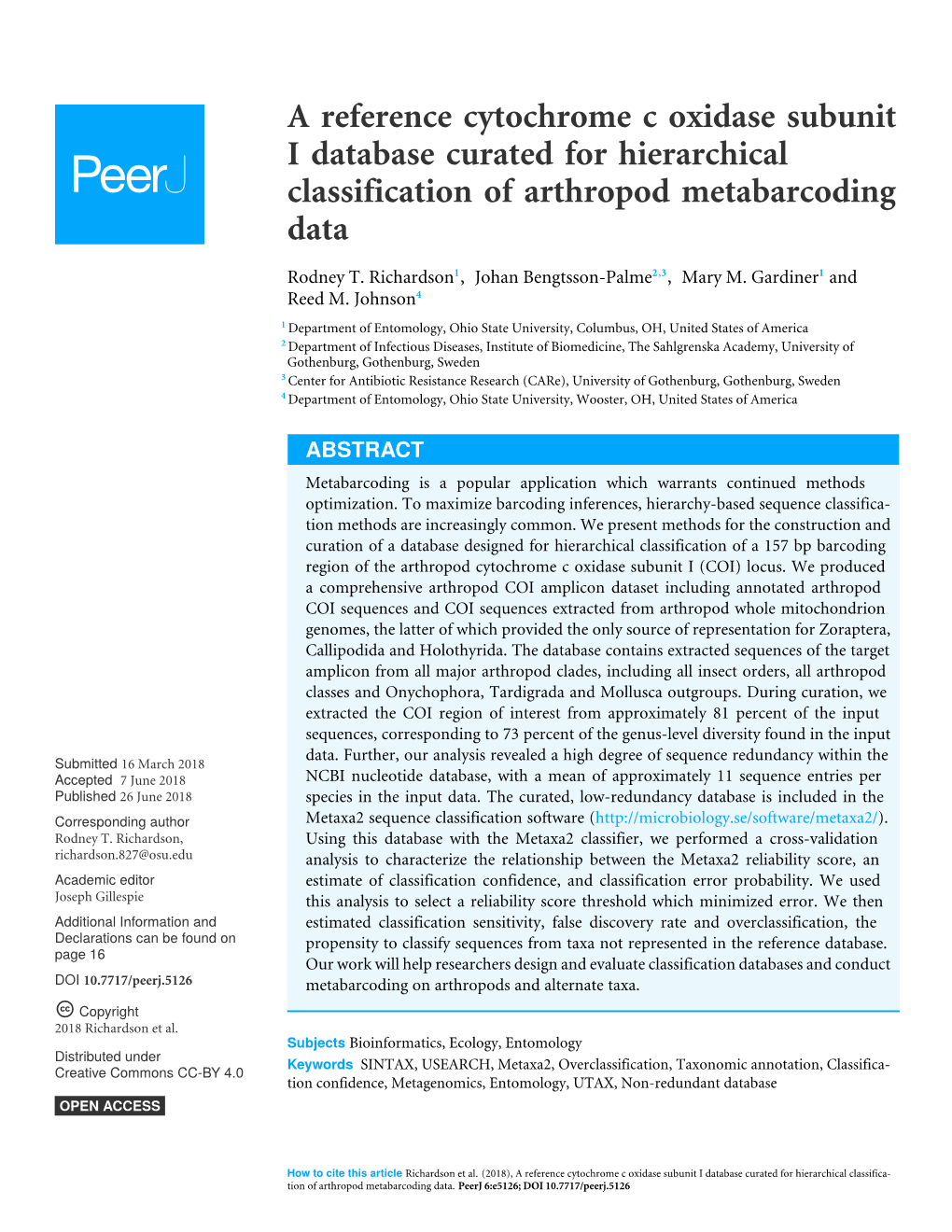 A Reference Cytochrome C Oxidase Subunit I Database Curated for Hierarchical Classification of Arthropod Metabarcoding Data