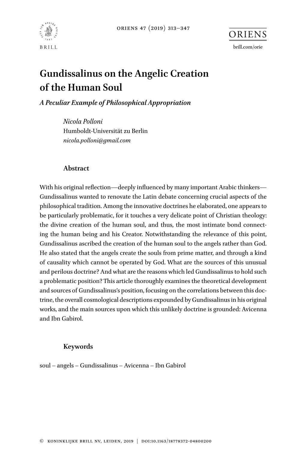 Gundissalinus on the Angelic Creation of the Human Soul a Peculiar Example of Philosophical Appropriation