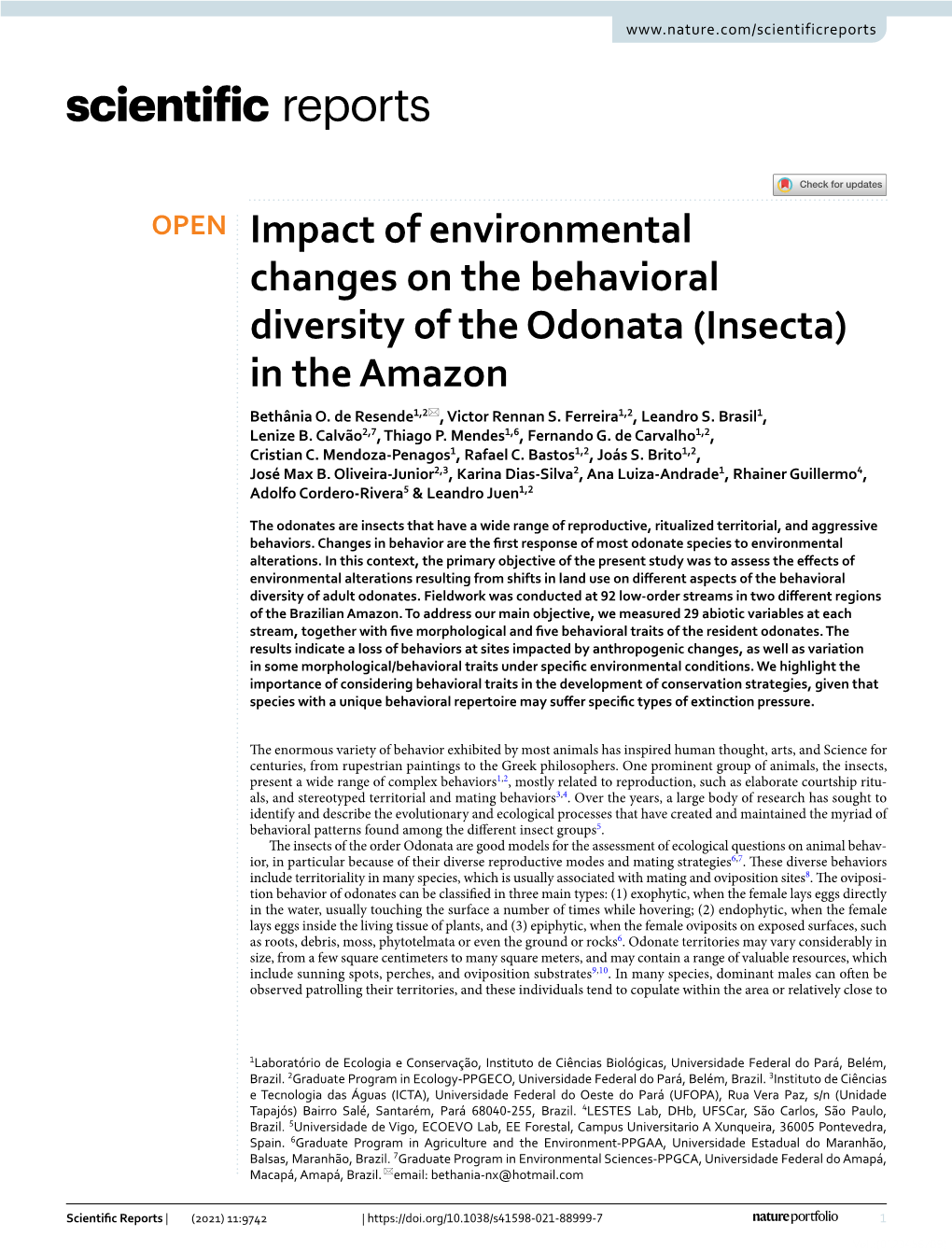 Impact of Environmental Changes on the Behavioral Diversity of the Odonata (Insecta) in the Amazon Bethânia O