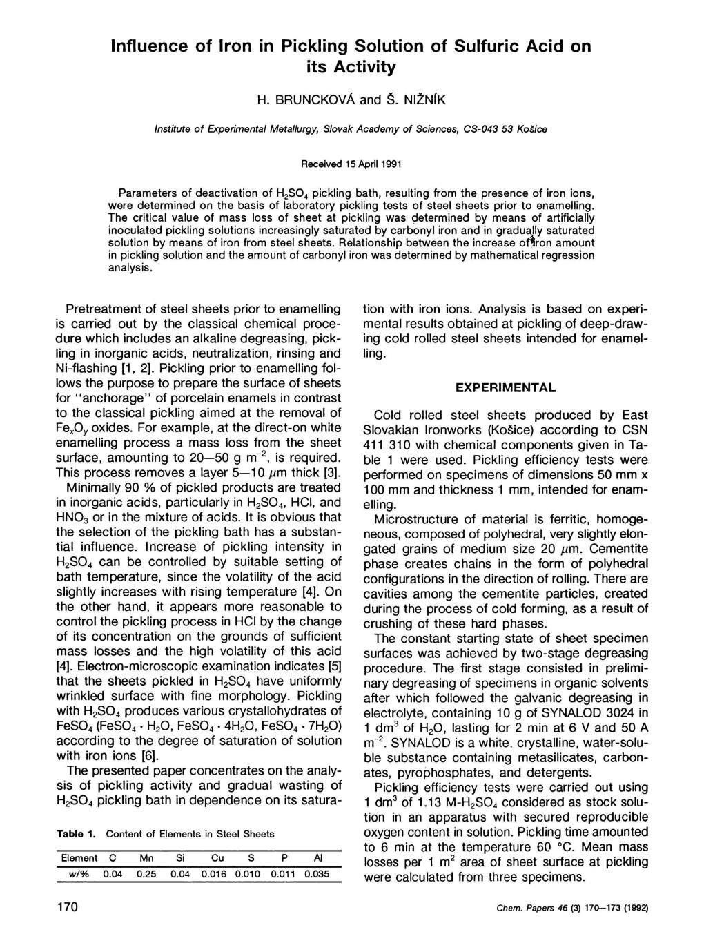 Influence of Iron in Pickling Solution of Sulfuric Acid on Its Activity