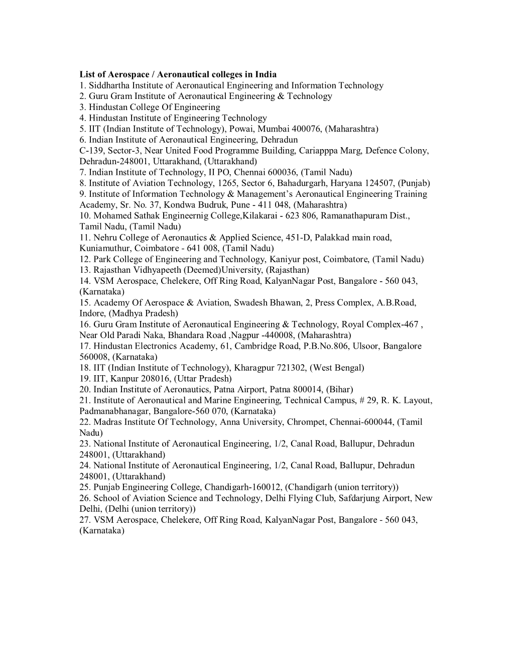 List of Aerospace / Aeronautical Colleges in India 1. Siddhartha Institute of Aeronautical Engineering and Information Technology 2