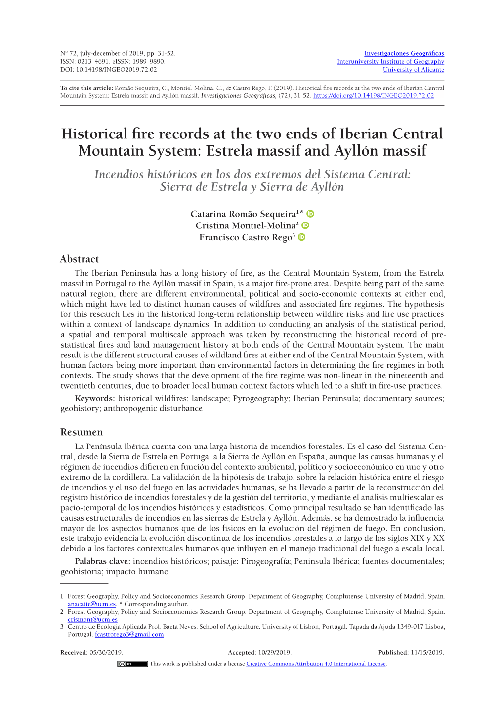 Historical Fire Records at the Two Ends of Iberian Central Mountain System: Estrela Massif and Ayllón Massif