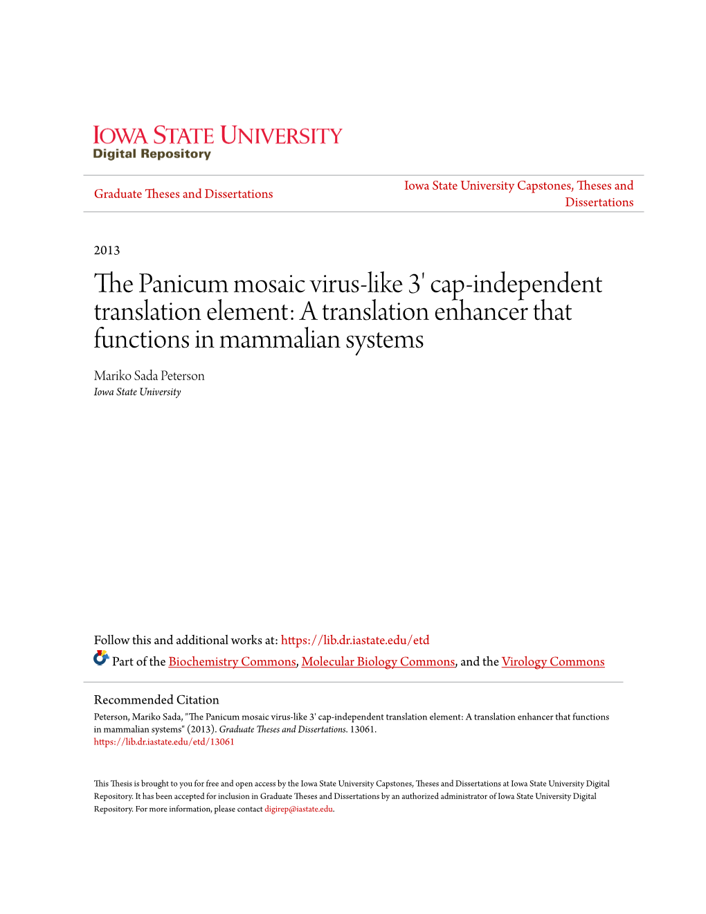 The Panicum Mosaic Virus-Like 3' Cap-Independent Translation Element