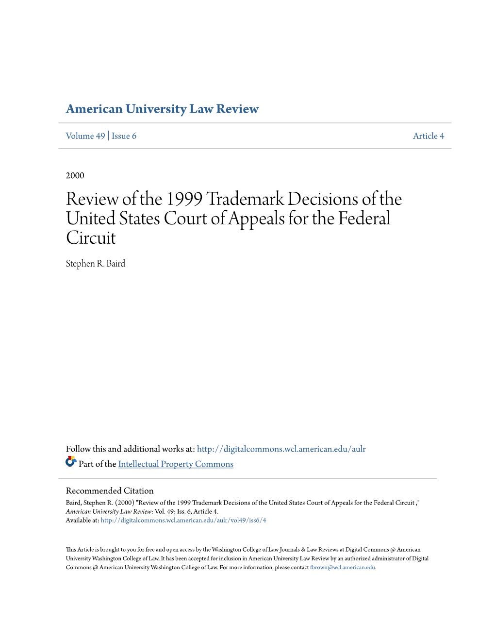 Review of the 1999 Trademark Decisions of the United States Court of Appeals for the Federal Circuit Stephen R