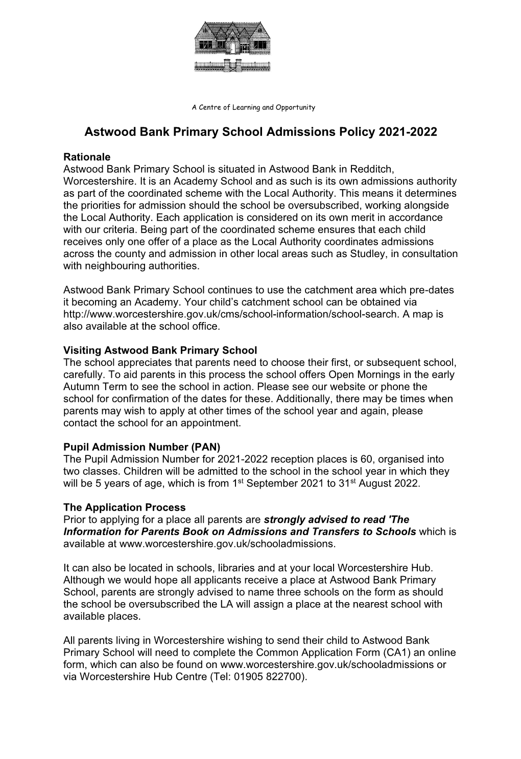 Astwood Bank Primary School Admissions Policy 2021-2022