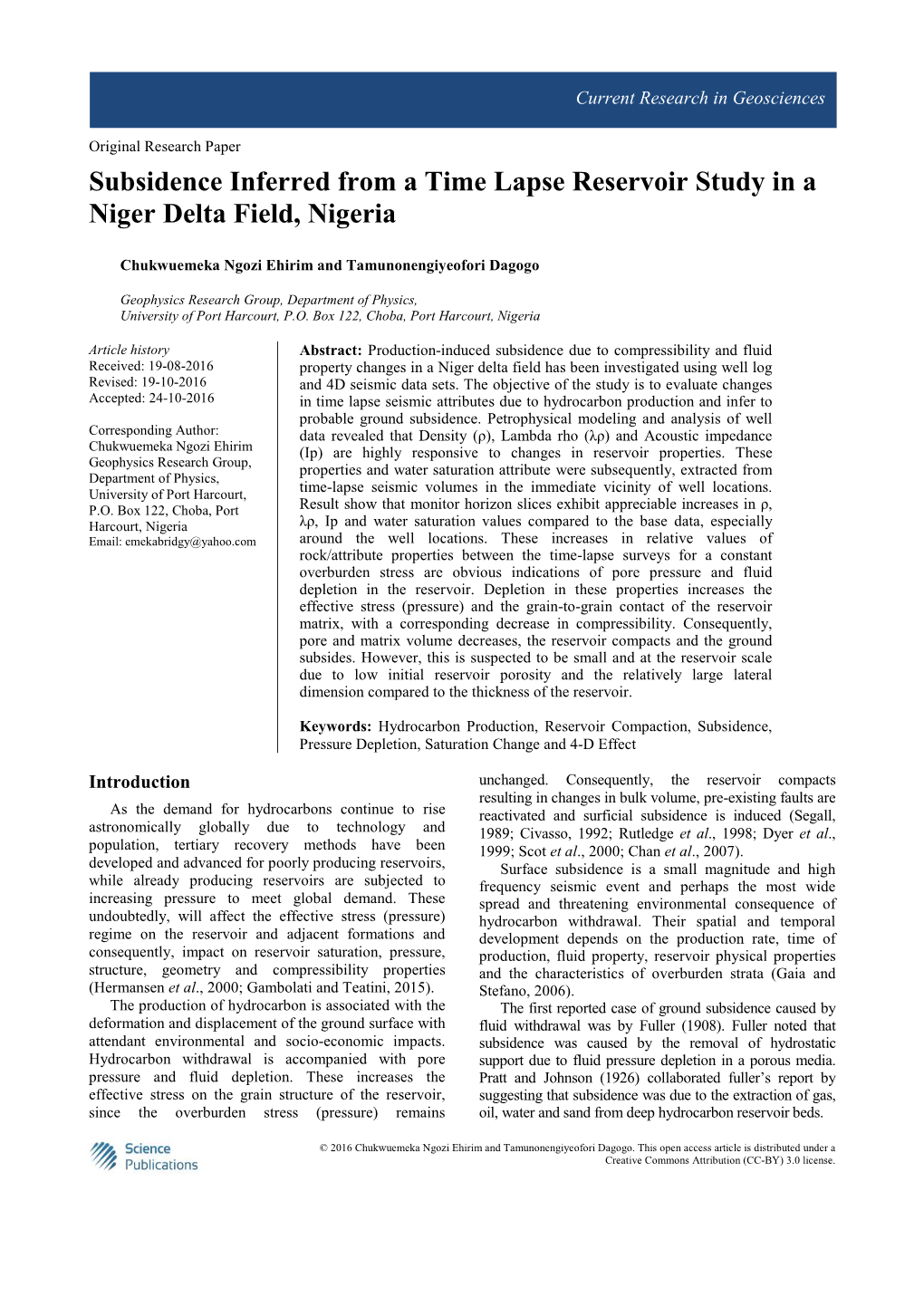 Subsidence Inferred from a Time Lapse Reservoir Study in a Niger Delta Field, Nigeria