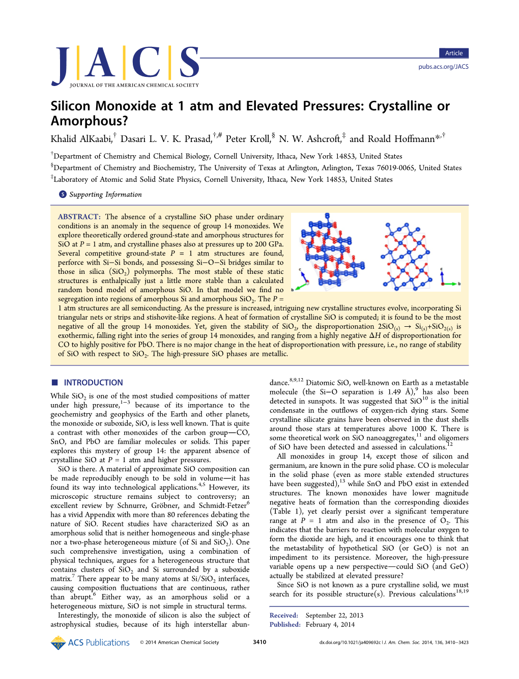 Silicon Monoxide at 1 Atm and Elevated Pressures: Crystalline Or Amorphous? Khalid Alkaabi,† Dasari L