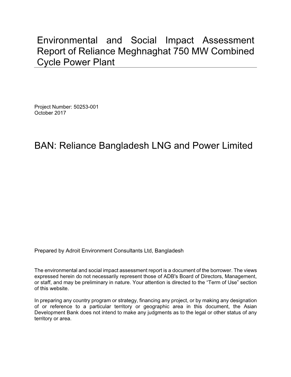 Environmental and Social Impact Assessment Report of Reliance Meghnaghat 750 MW Combined Cycle Power Plant