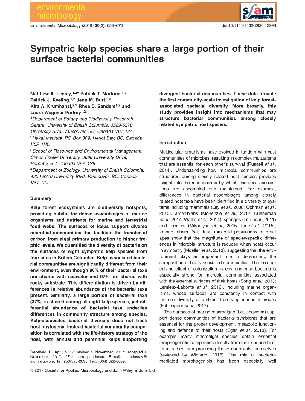 Sympatric Kelp Species Share a Large Portion of Their Surface Bacterial Communities