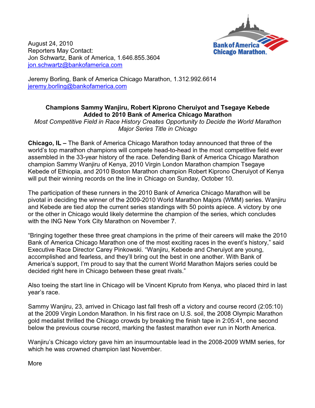 August 24, 2010 Reporters May Contact: Jon Schwartz, Bank of America, 1.646.855.3604 Jon.Schwartz@Bankofamerica.Com