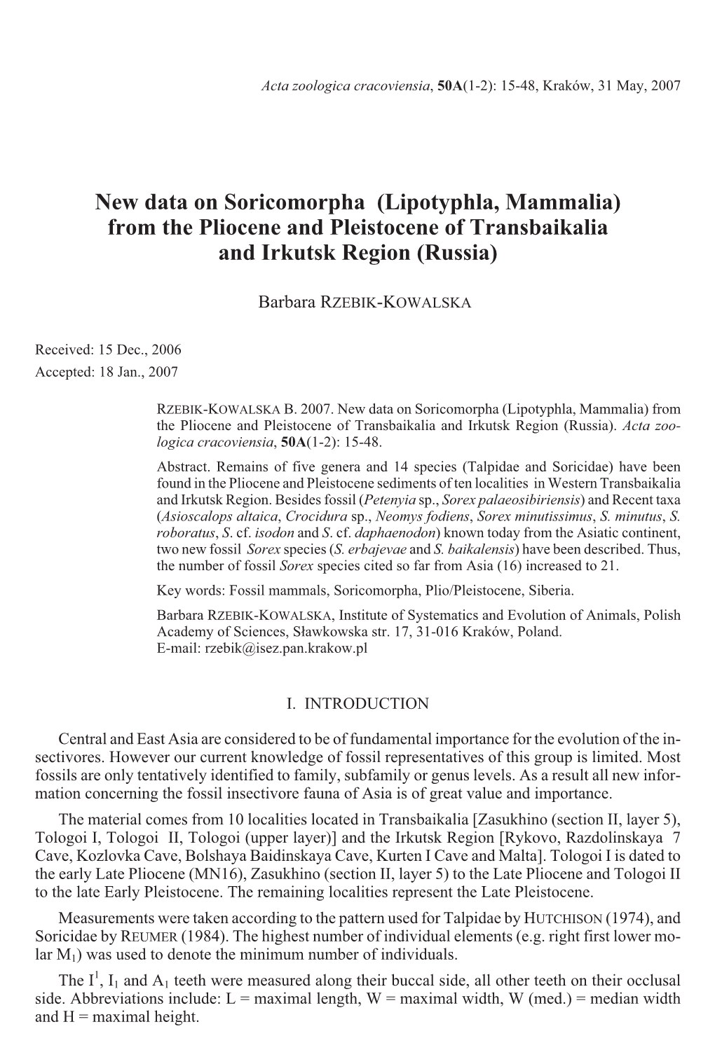 Lipotyphla, Mammalia) from the Pliocene and Pleistocene of Transbaikalia and Irkutsk Region (Russia