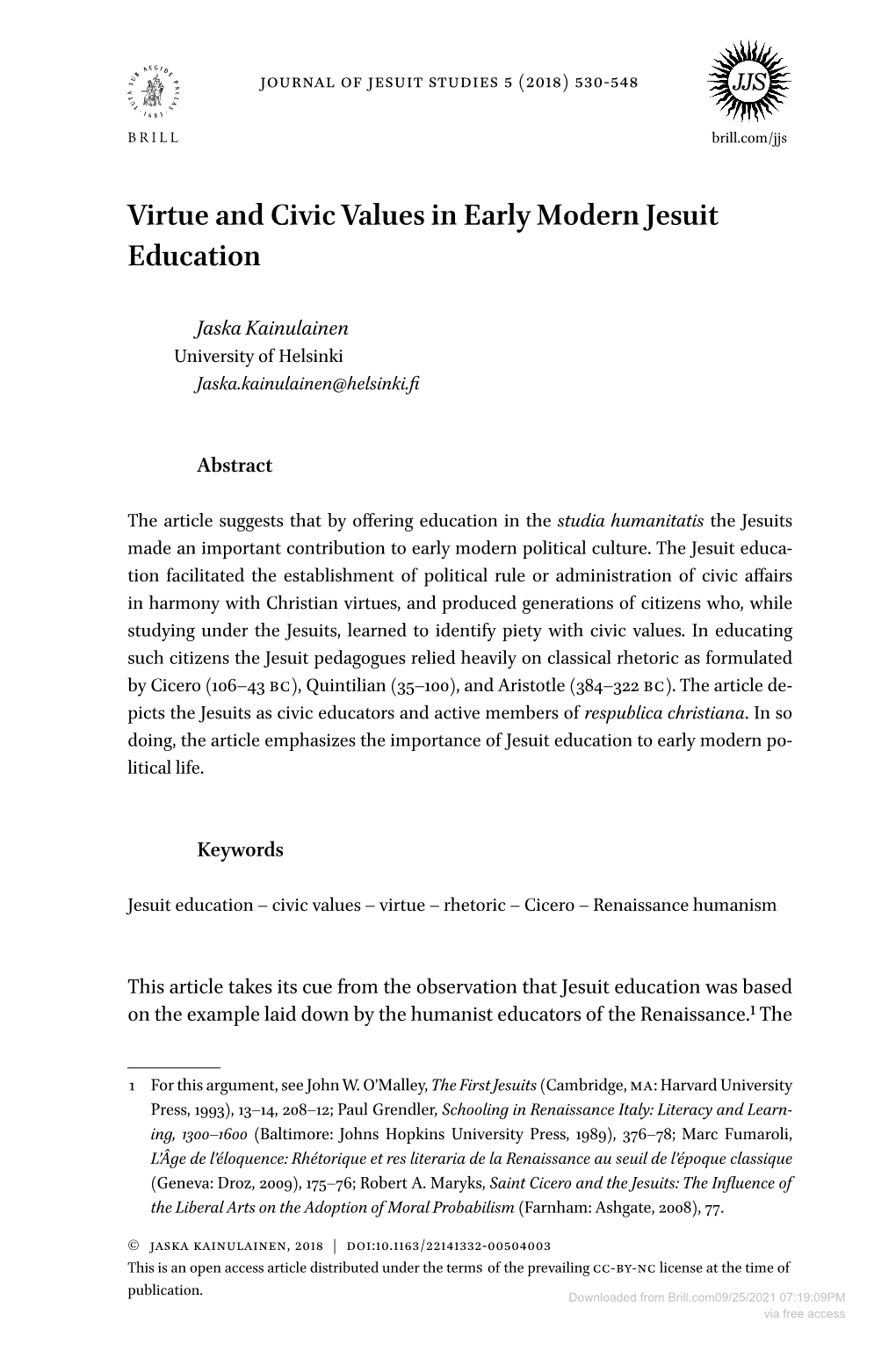 Virtue and Civic Values in Early Modern Jesuit Education