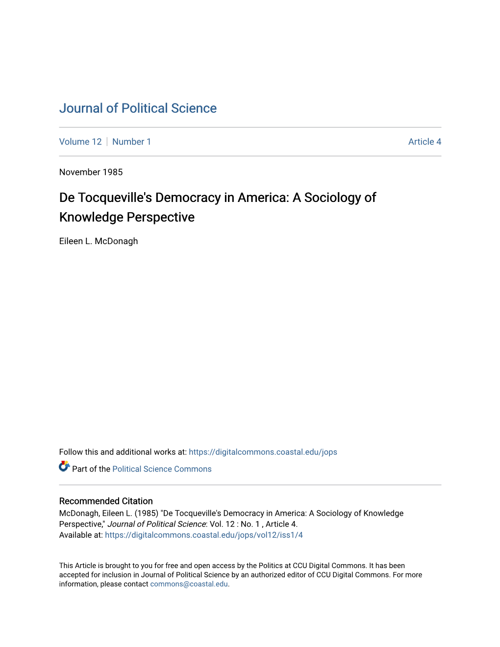 De Tocqueville's Democracy in America: a Sociology of Knowledge Perspective