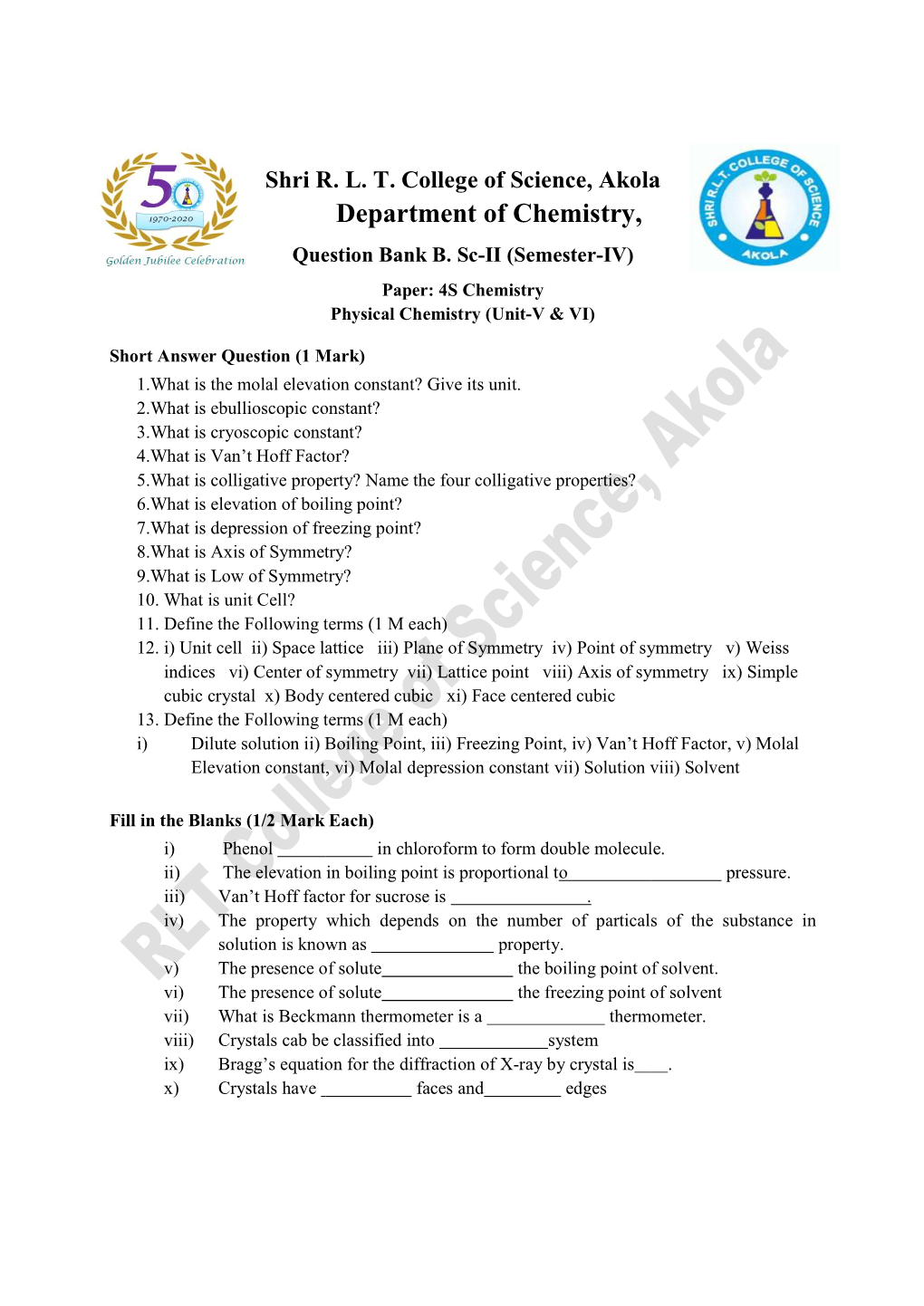 Department of Chemistry, Question Bank B